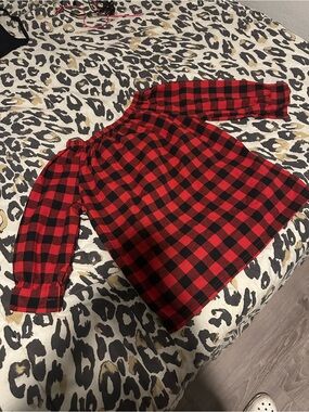 Red and Black Plaid Off-Shoulder Blouse